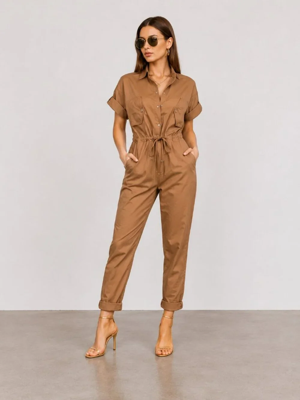Cognac Utility Cargo Jumpsuit Tie Waist Cotton Boilersuit NWT